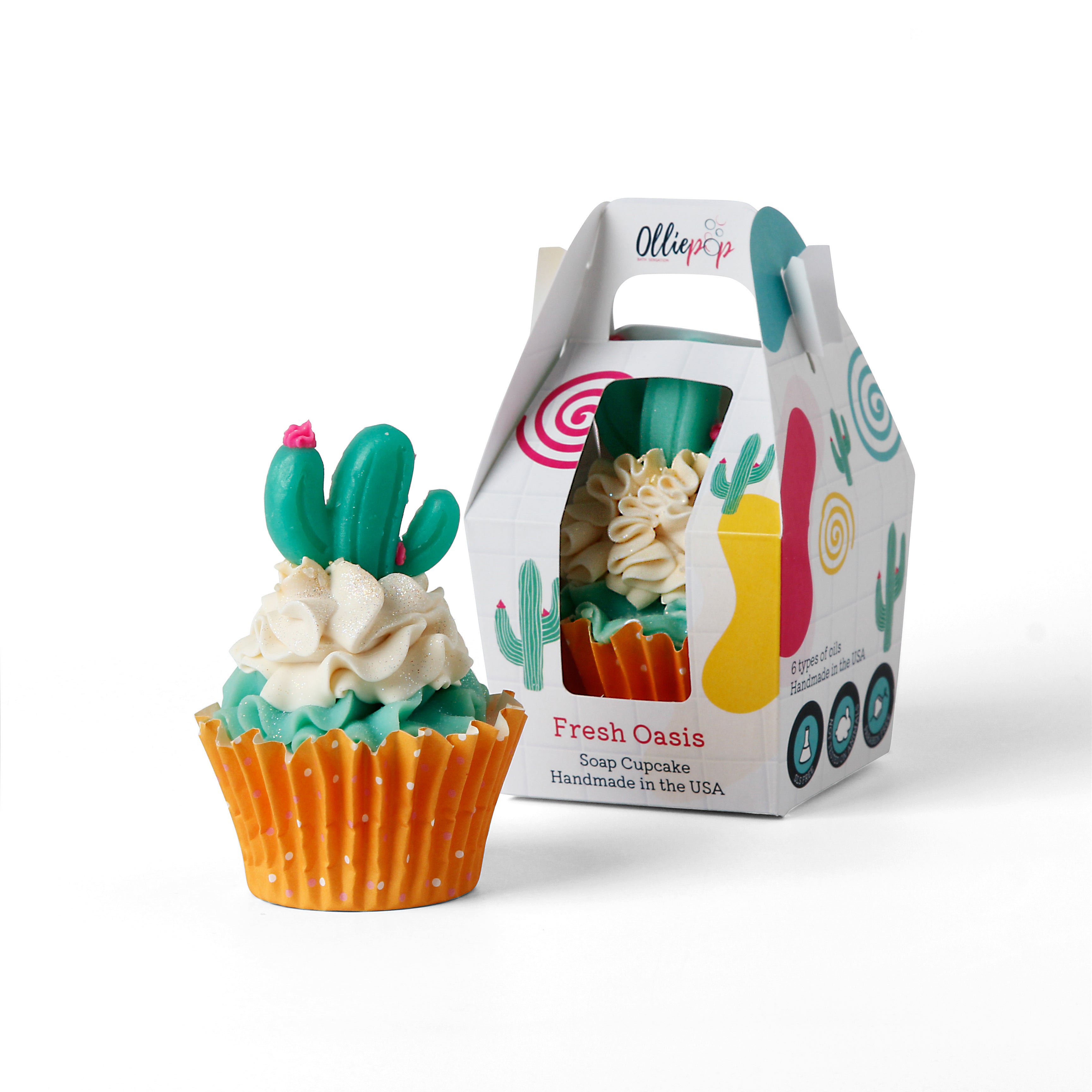 Cactus themed soap cupcake. Packaged with our customized Olliepop packaging that is perfect for gifts.