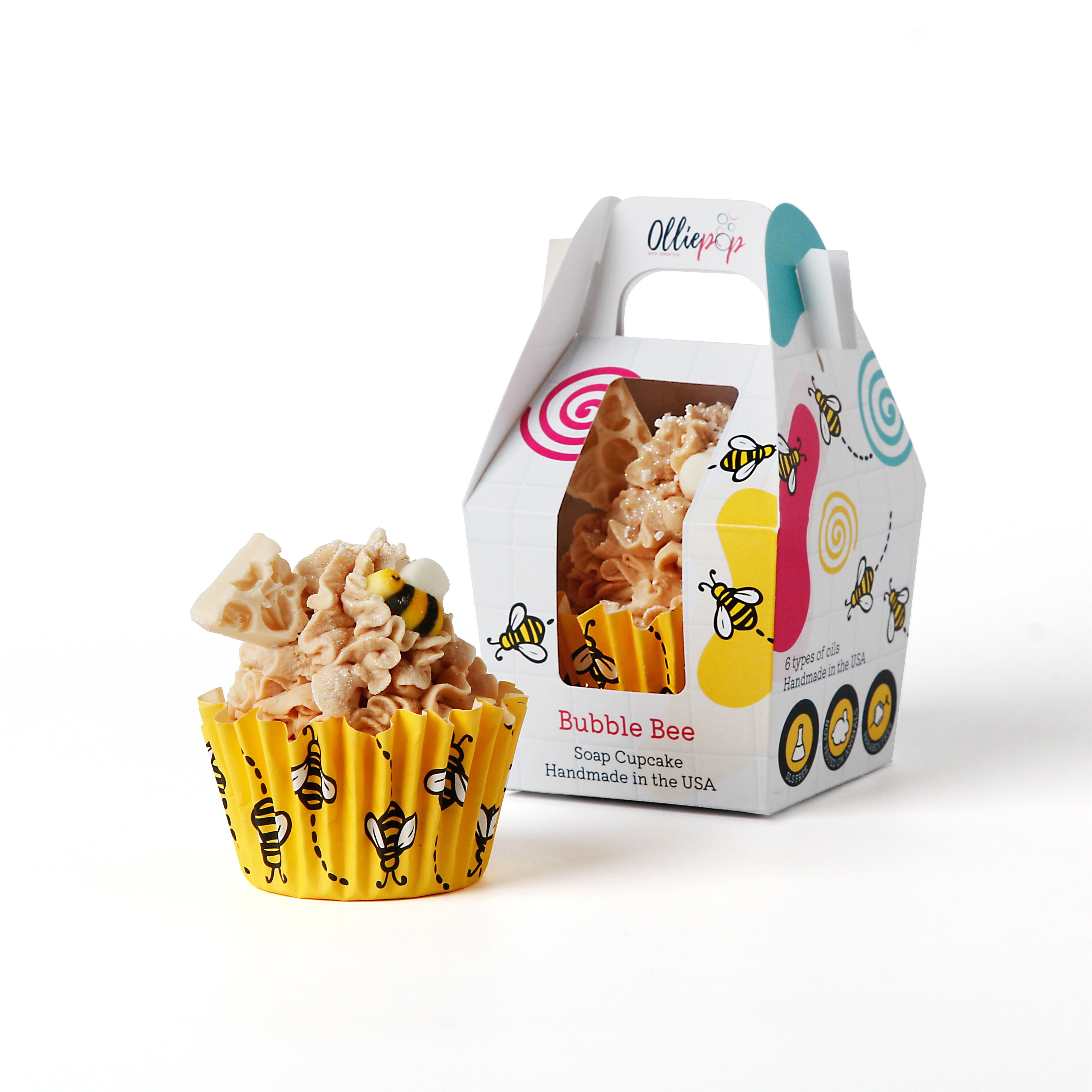 Bee themed soap cupcake, packaged with our customized Olliepop packaging that is perfect for gifts.