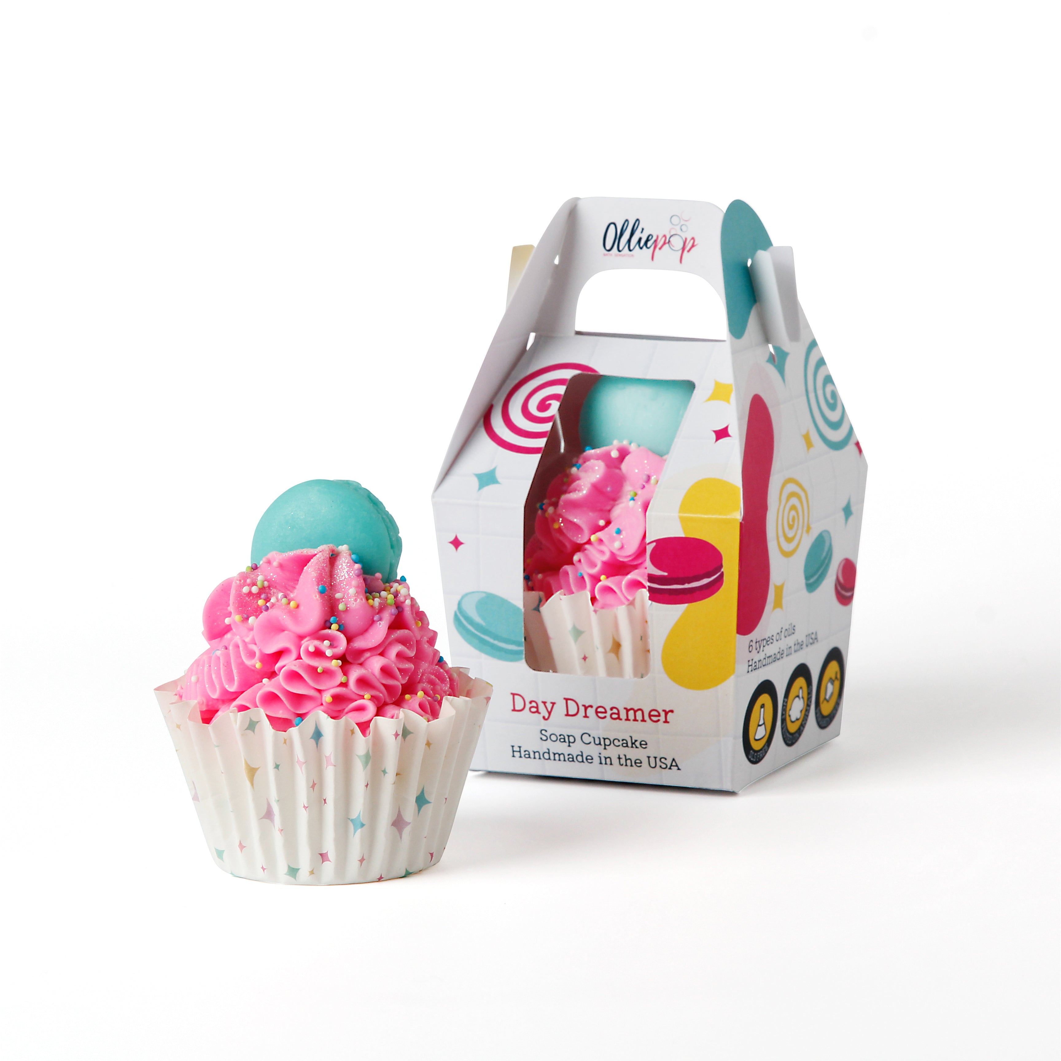 Hot pink soap cupcake with glitter and sprinkles on top, with a light blue macaron cookie. Packaged with our customized Olliepop packaging that is perfect for gifts.