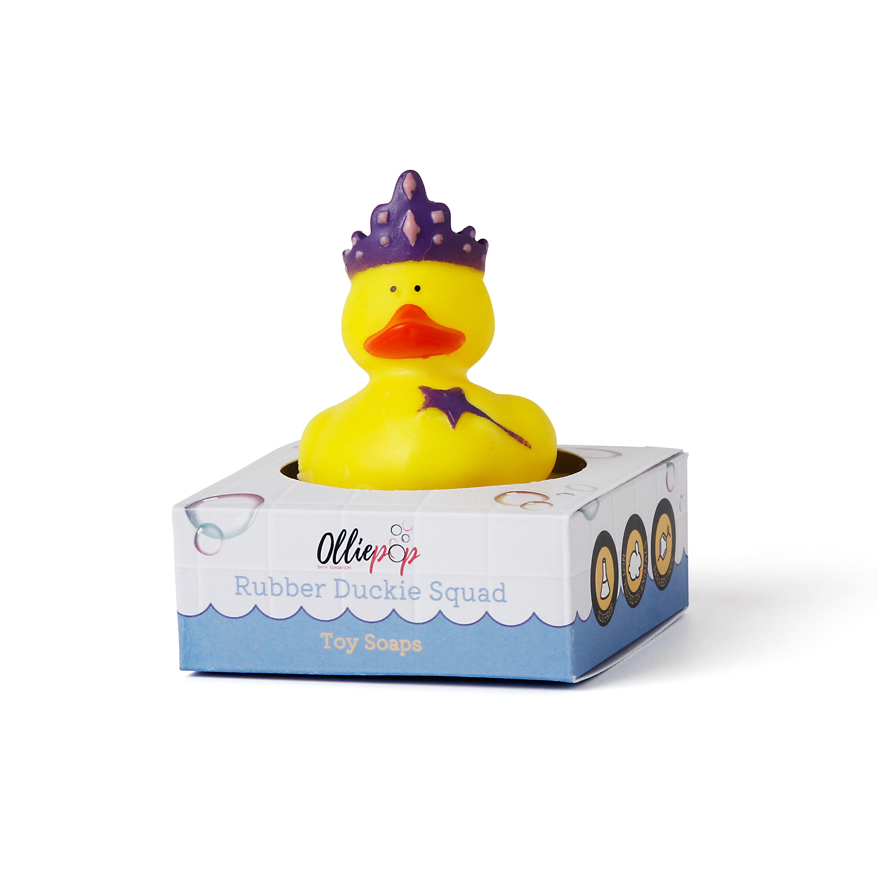 Yellow rubber duckie soap with a crown and magic wand. Packaged in our customized Olliepop packaging.