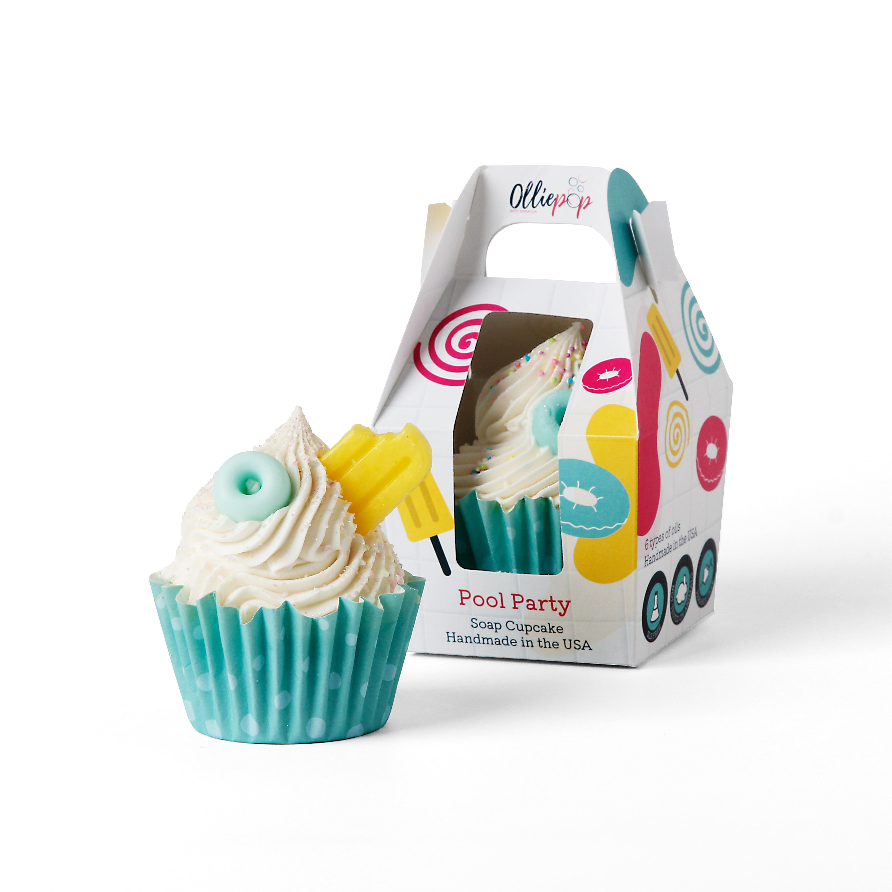 Pool themed soap cupcake, Packaged with our customized Olliepop packaging that is perfect for gifts.