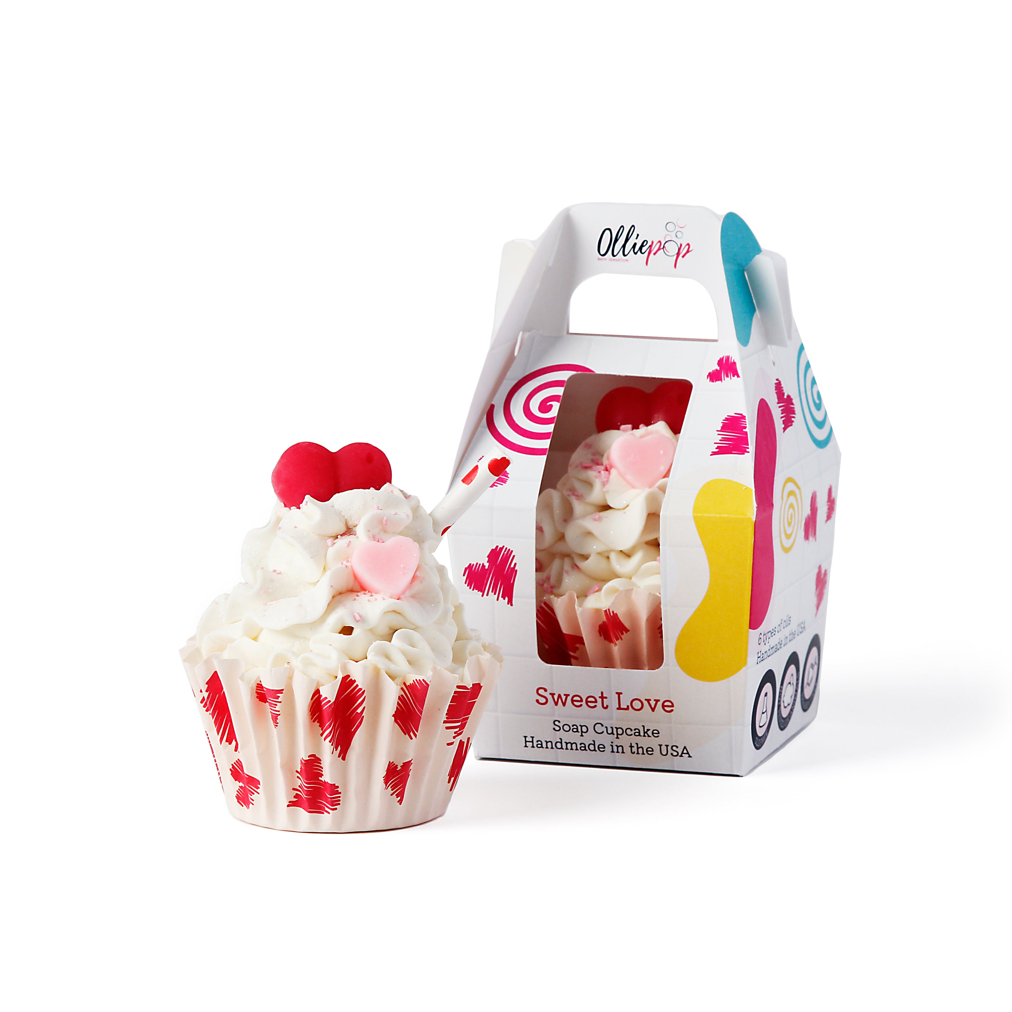 Sweet Love soap cupcake, packaged with our customized Olliepop packaging, perfect for gifts.
